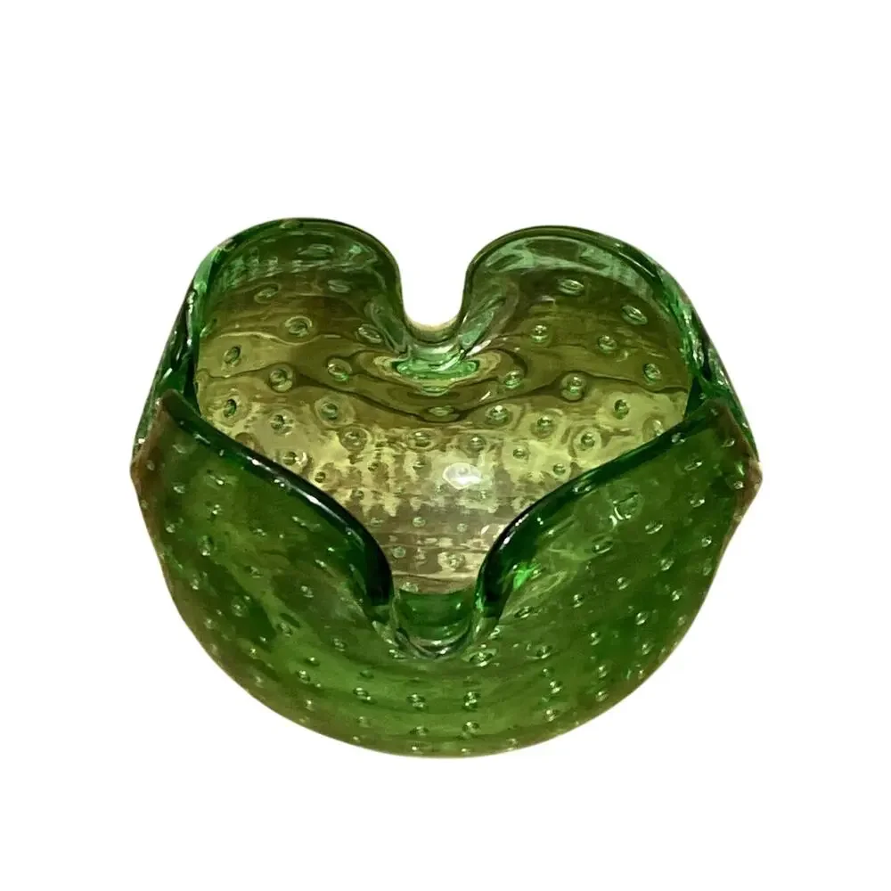 Vintage Italian Bullicante Art Glass Ashtray Murano Style Green Bowl 4.125